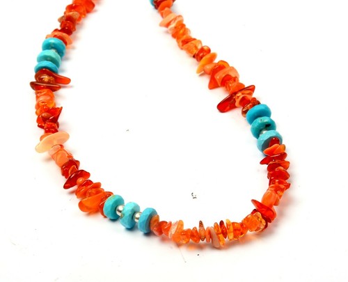 Rare Necklace Turquoise & Fire Opal 20 Inch 5-7MM Southwestern Anniversary Gifts - Picture 4 of 5