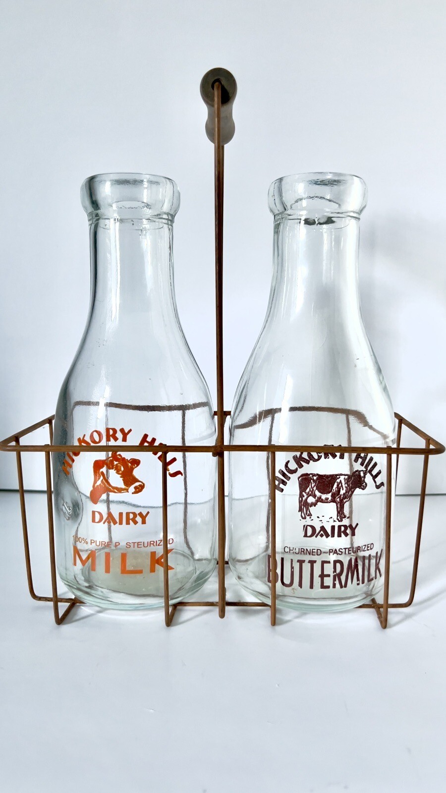 2 Vintage Hickory Hills Dairy Milk & Buttermilk Quart Bottles with