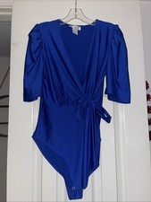 Women s Blue Puff Sleeve Wrap Front Bodysuit in royal blue Size Medium