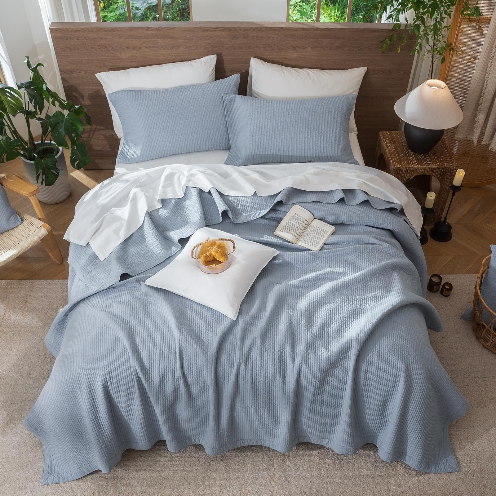 Stripe Stitch Quilt Set 100% Washed Cotton Coverlet Bedspread Linen Like with...