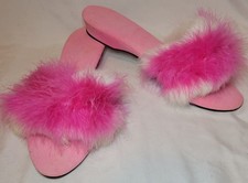 Pink Feather  White Fur Slippers Women's Size 8.5 B Vintage Kitten Heels