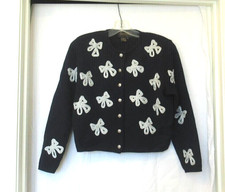 Premier Collection navy blue sweater, silver bows, c. 1980s, 38" chest