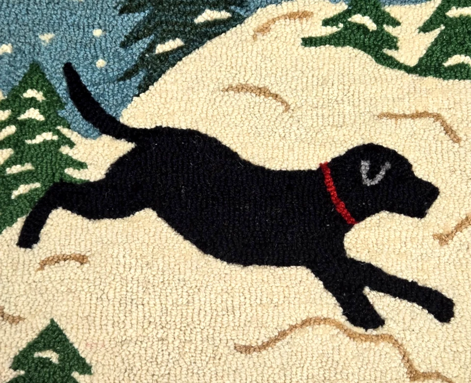 36"round Snow Black Dog hooked wool rug Chandler 4 Corners winter - Image 3 of 4