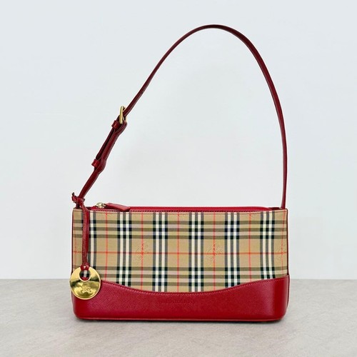 BURBERRY Nova Check Red Beige Canvas Leather Shoulder Bag Charm Authentic