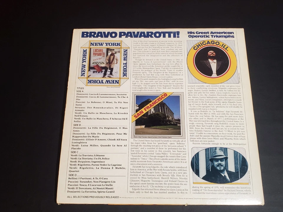 Bravo Pavarotti! - LIVE Vinyl LP Pavarotti OPERA London Records 1978 PAV 2001... - Image 2 of 4