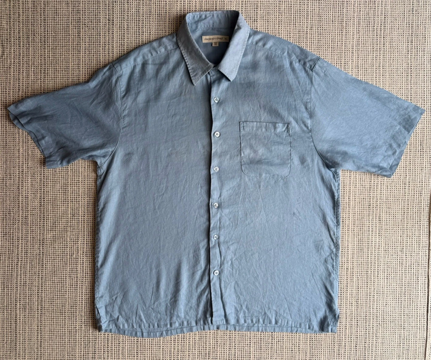 Pronto-Uomo Mens Size XL Light Blue Linen Button Up Shirt Pocket Short Sleeve