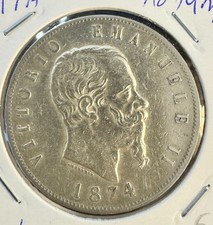 5 Lire 1874 M Regno d'Italia  Re  Vittorio Emanuele II Stemma  argento SILVER