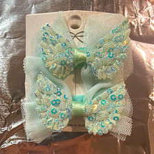 Girls Sequin Tulle Bow Hair Clips Set, Light Blue  White, Solid, One Size