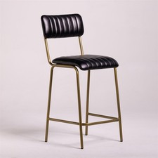 Diner Bar Stool Black Leather Counter 66cm Seat Height Antique Brass Metal Frame