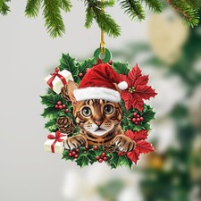 Personalized Bengal Cat Christmas Wreath Ornament, Bengal Cat Lover Ornament