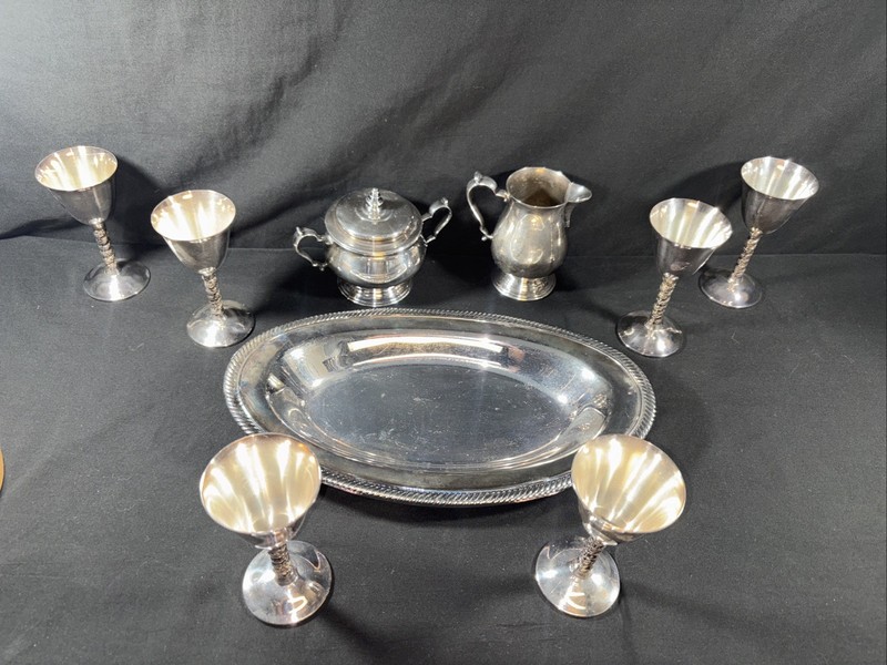 silver plate lot of serving dishes W. Goblets, Tray, Sugar Bowl & Creamer