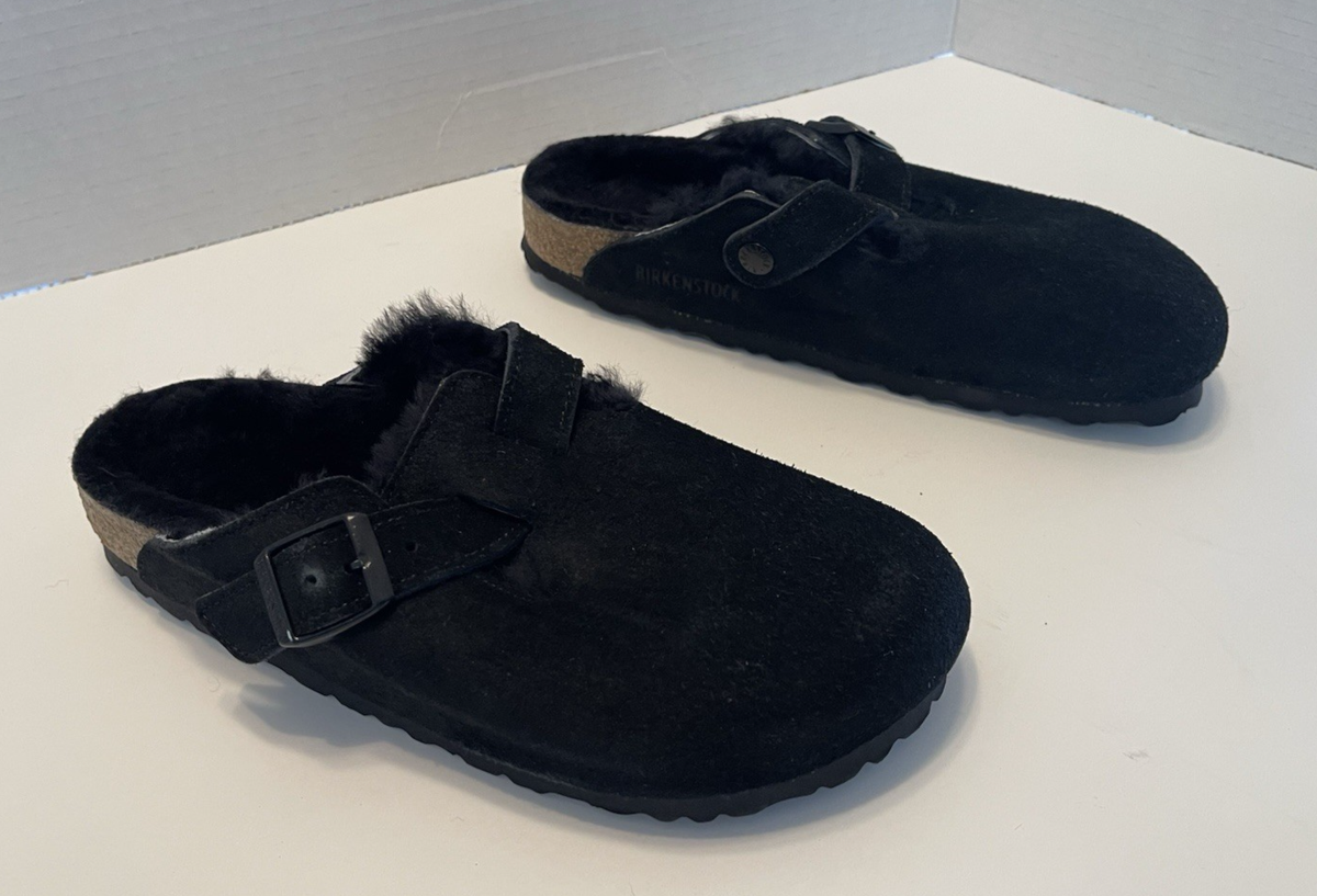 BIRKENSTOCK BOSTON GENUINE SHEARLING LINED CLOG BLACK SUEDE SIZE 7