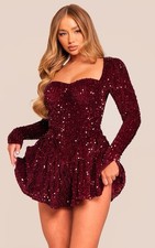 Pretty Little Thing Burgundy Sequin Cup Detail Long Sleeve Skater Playsuit