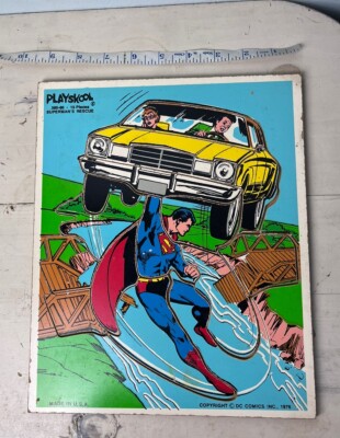Vtg DC Playskool Wooden Hardboard Puzzle 1976 Superman Car Comic Book Hero Gift