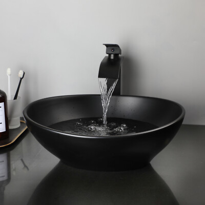 16'' Oval Bathroom Vessel Sinks Black Ceramic Basin Bowl Sinks Combo Faucet Drain