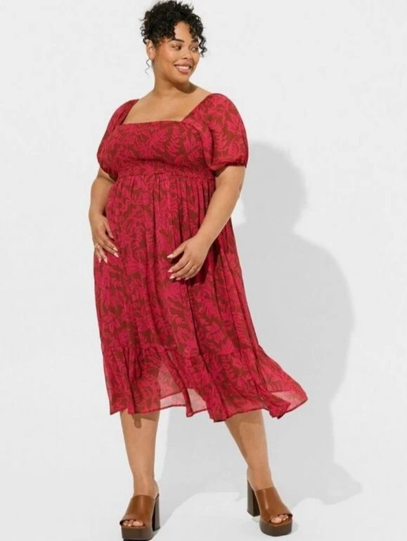 Torrid Tea Length Smocked Bodice A-Line Midi Dress Leaves Women's Plus 3X  New