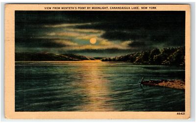 1947 Canandaigua, NY Postcard-  VIEW FROM MENTETHS POINT BY MOONLIGHT