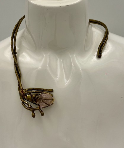 Vintage Handmade MCM Brass & Pink Jadite Brutalist Choker in Style of Kepenyes - Picture 11 of 12