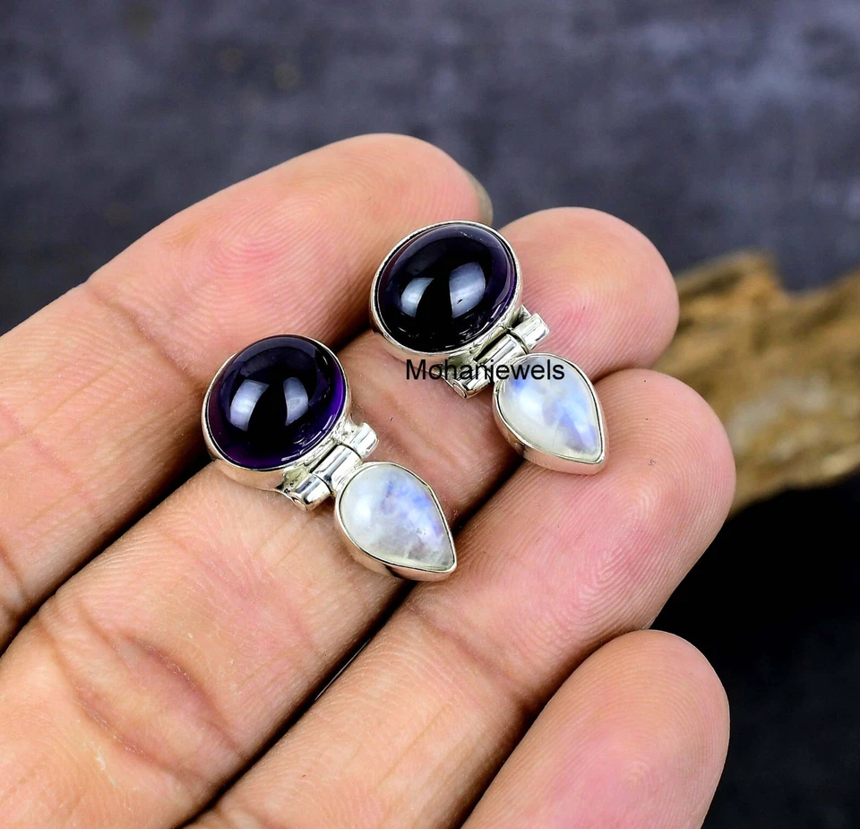 Puprle Amethyst Rainbow Moonstone Silver Plated Gemstone Stud Earring Jewelry - Image 2 of 4