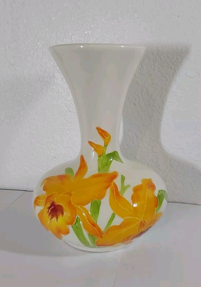 Mid Century Ceramic Pottery Floral Signed Vase- Embossed Relief 7" Tall X 6.25