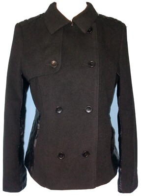 Divided by H&M women's Size 10 Black Rayon Blend Faux Leather Detail Pea Coat