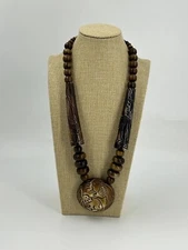 Africa Inspired Wood Bead Necklace Carved Lion Elephant Statement Womens 23"