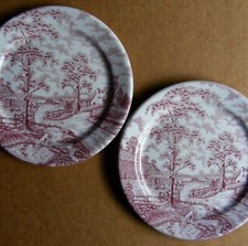 Maddock Ultra Vitrified Two 8" Red & White Plates - Countryside Scene