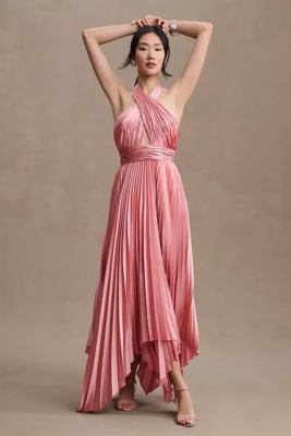 $498 Mac Duggal 11302 Rose Pink Anthropologie Pleated Halter Dress 4 NEW  M588 | eBay