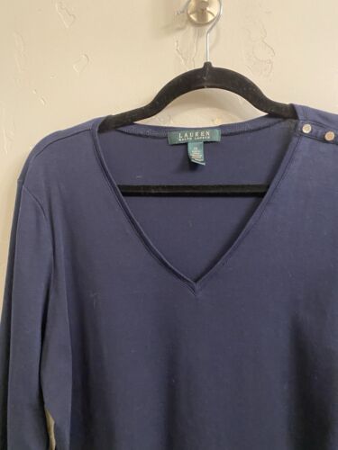 Lauren Ralph Lauren Women’s Navy Long Sleeve V-Neck Cotton Tee Shirt - Picture 3 of 14