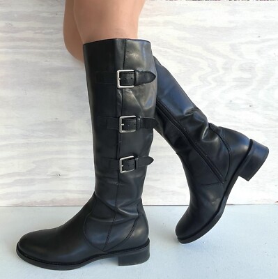 ECCO Hobart Buckle Black Shiny Riviera Leather Tall Riding Boot EU