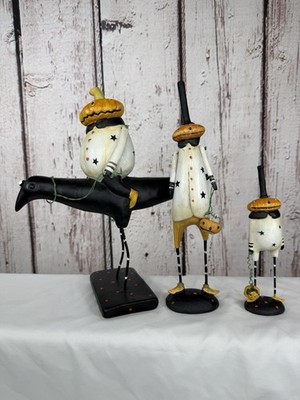 3PC August Moon Halloween Primitive Figure Decor LOT Jointed Pumpkin Raven