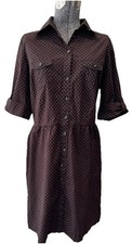 Merona Brown Dotted Ladies Shirt Dress Size M Cotton Stretch-roll Tab Sleeve