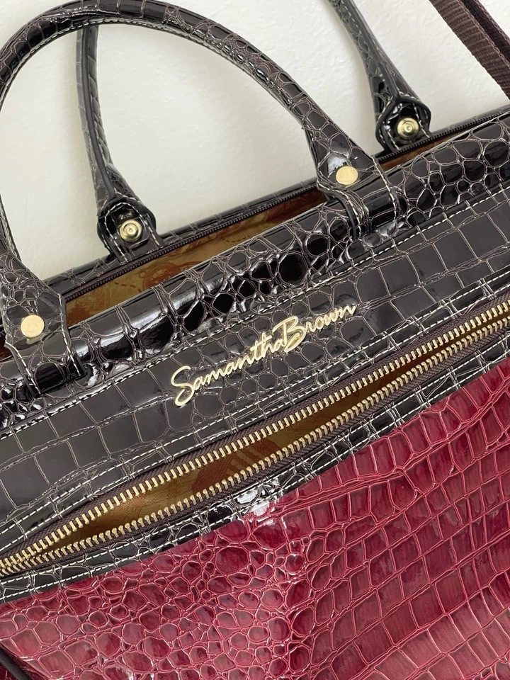 "Bolsa de viaje Samantha marrón 16x12x8"" cocodrilo rojo en relieve equipaje de mano bolsa de lona" Foto 2 de 4