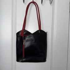 Florence Black & Red Leather Convertible Backpack Shoulder Bag -Made In Italy-