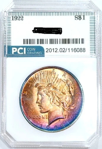 1922 Peace Dollar Gem BU ++  Attractive Rainbow Toned Obverse Super Luster