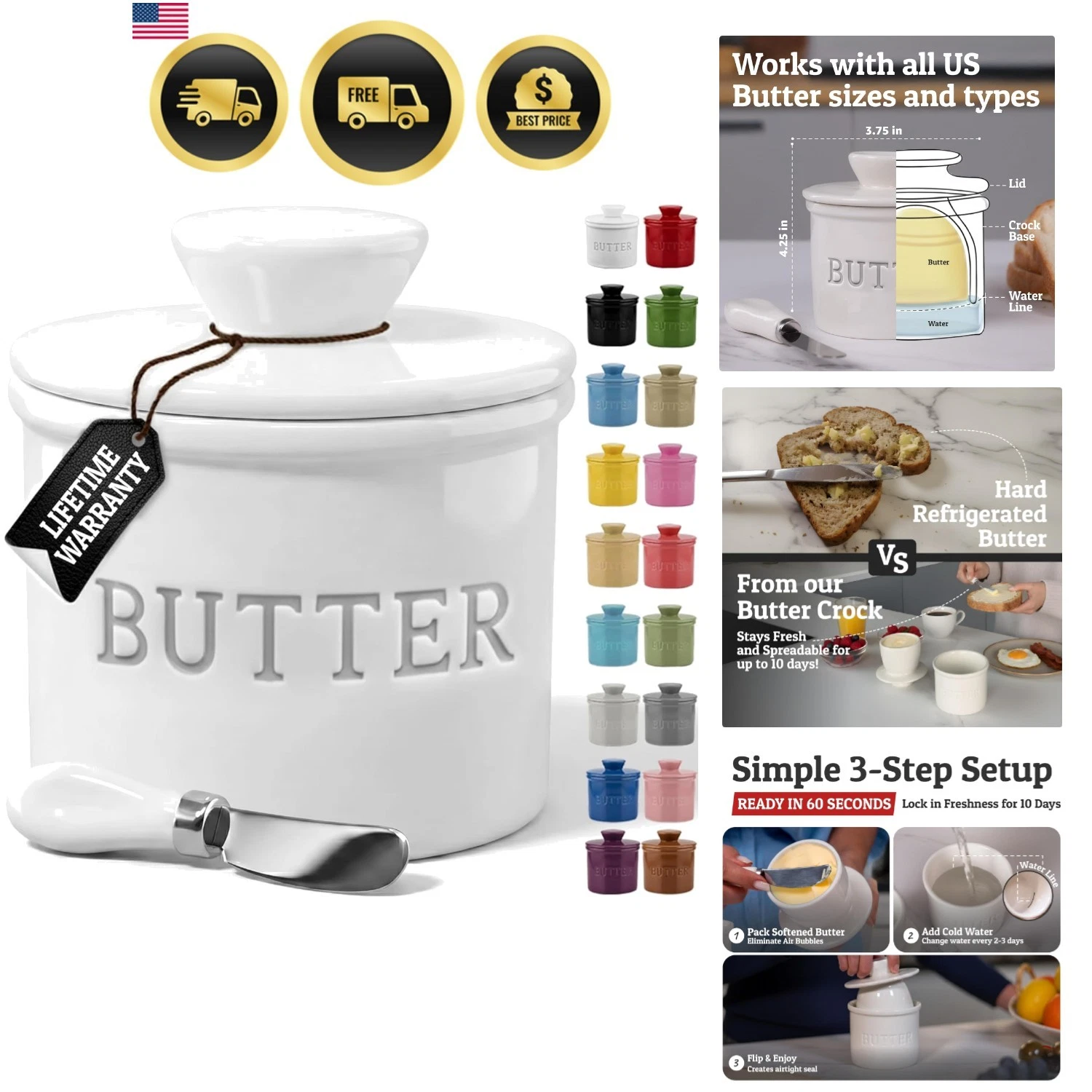Butter Crock with Lid with Water Line, Ceramic French Butter Dish to Leave On...