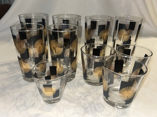 Gold Atomic Starburst Black Squares Highball Lowball Glasses MCM Lot Of 10 VTG