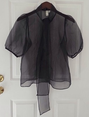 Joie Blouse Women's Sheer Black Organza Blouse Top Puff Sleeve Pussy Bow Size M