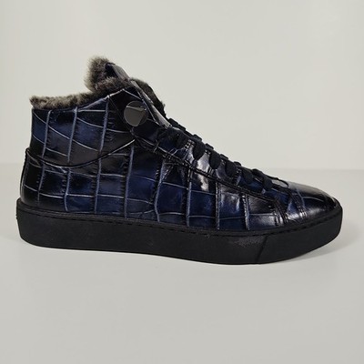 Santoni New in Box Shearling Lined Boots or Sneakers Blue Embossed Leather 