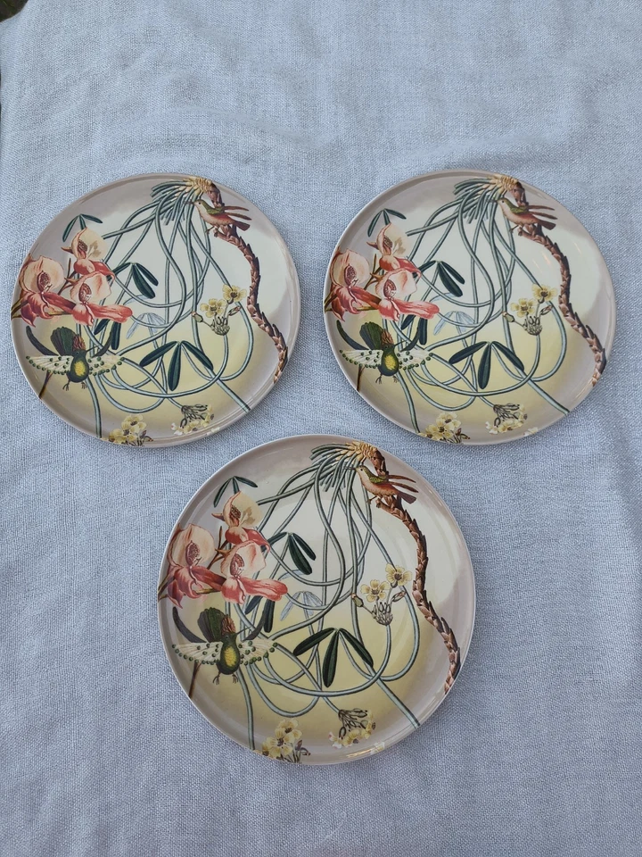 3er Set Anthropologie Orchidee Botanische Koralle Kolibris Dessertteller