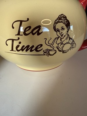 Vintage Tea Time Yellow Red Ceramic Teapot & Lid Excellent Cond