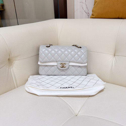 Chanel Classic Flap CF 23C Small Light Gray GHW Chain Quilted Leather Bag Auth
