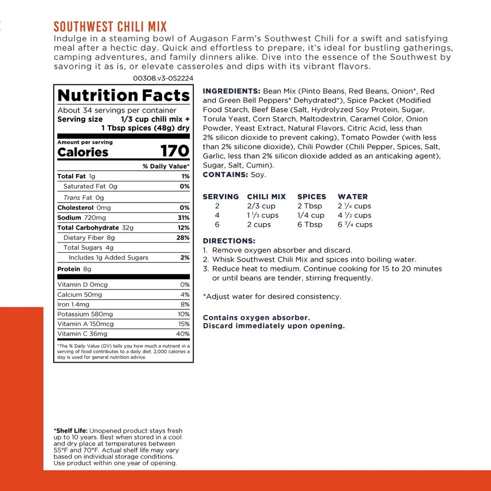 Augason Farms Southwest Chili Mix Certified Gluten Free Emergency Meal