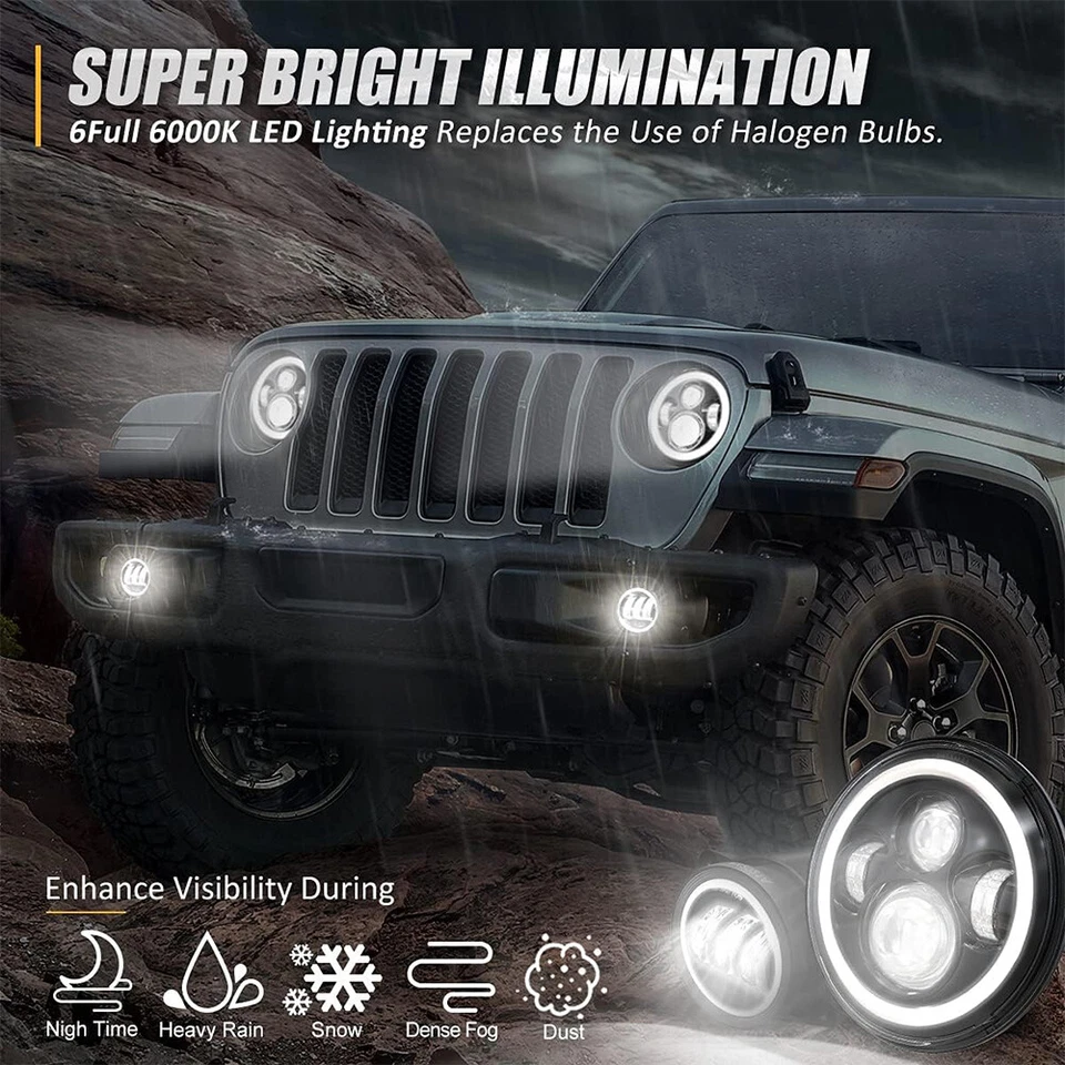Par de faróis halo de LED 7" e kit DRL de farol de neblina de 4 polegadas para Ford Wrangler JK LJ TJ - Imagem 2 de 4