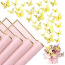 20 Sheets Gold Edge Flower Wrapping Paper, Butterfly Stickers for Bouquets & Gif
