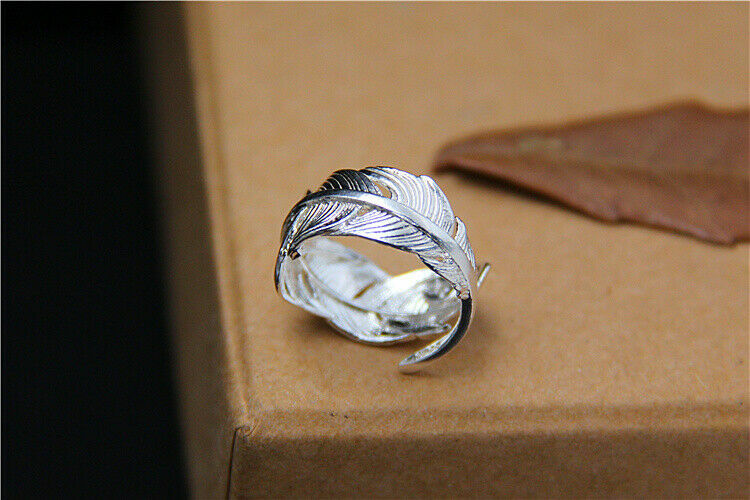 925 Sterling Silver Bright Feather Ring Women Men's Pinkie