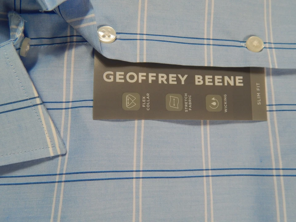 Camisa de vestir Geoffrey Beene para hombre ajustada azul cuello flexible a cuadros 14-14,5 34/35 S Foto 3 de 4