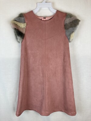 NWT Deux Par Deux Child's Size 8 Dress Pink Suede with Faux Fur Cap Sleeve