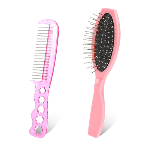 2 PCS Wig Brush Set - Stainless Steel Metal Bristle Comb and Cushion Detangling