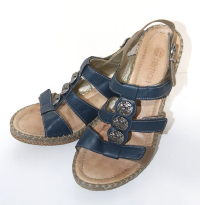 Remonte Wedge Sandals Women's 39 US 8-8.5 Blue Tan Comfort Strappy Slingback